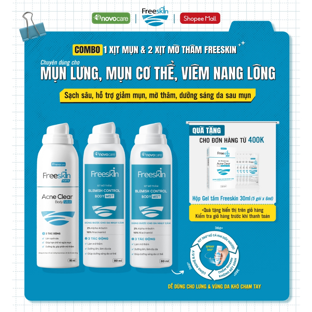 Combo 1 Xịt mụn Acne Clear Body Mist 80ml & 2 Xịt mờ thâm Blemish Control Body Mist 80ml Novocare - 