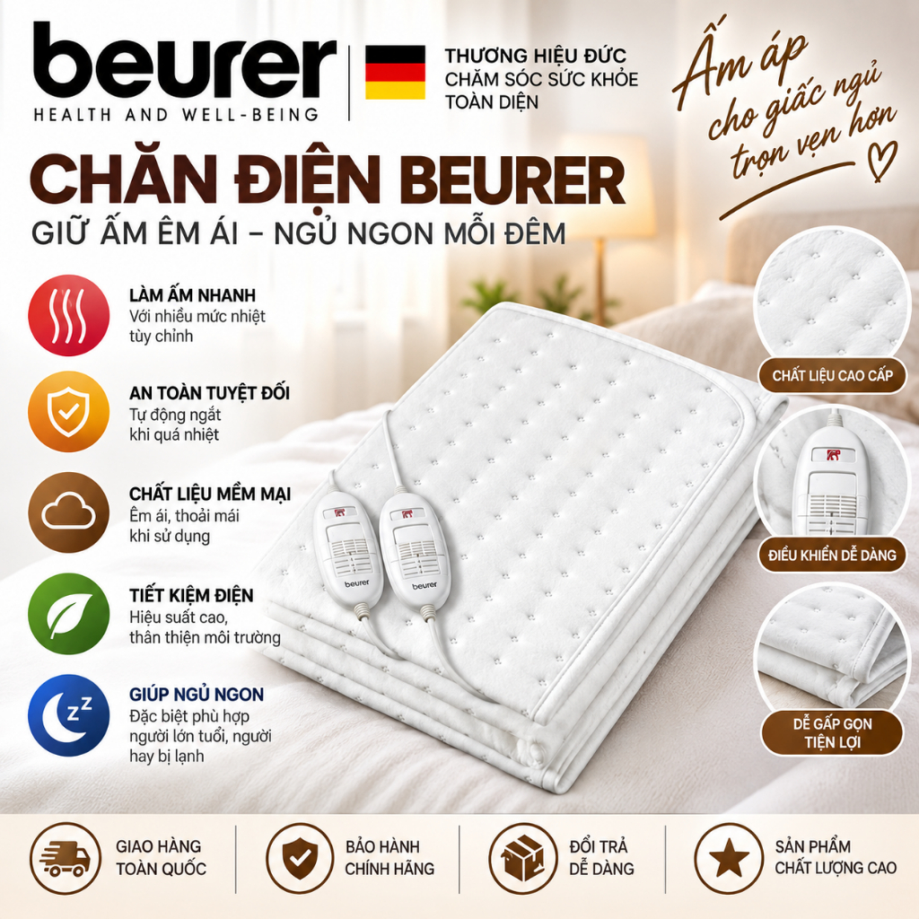 Đệm Sưởi Điện BEURER TS25 / TS16, Nệm Sưởi Điện, Nhập Đức, BH 12 Tháng