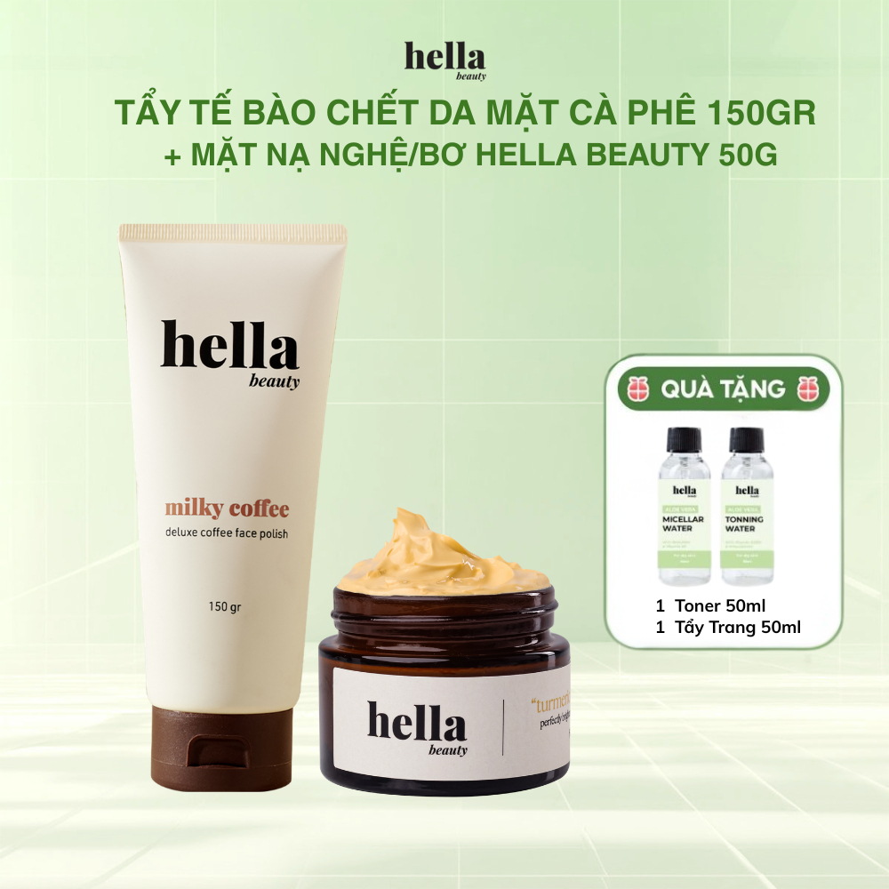 [MUA 2 GIẢM 36%] Combo tẩy tế bào chết da mặt cà phê Hella Beauty 150g & Mặt nạ Nghệ/Bơ Hella Beauty