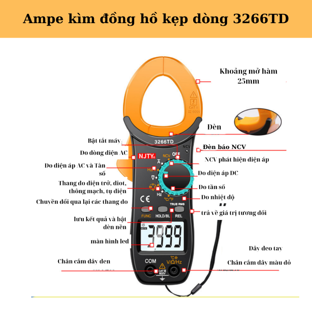 Ampe kìm đồng hồ kẹp dòng vạn năng 3266TD NJTY cao cấp đo tụ, tần số, nhiệt độ, điện trở, điện áp ch