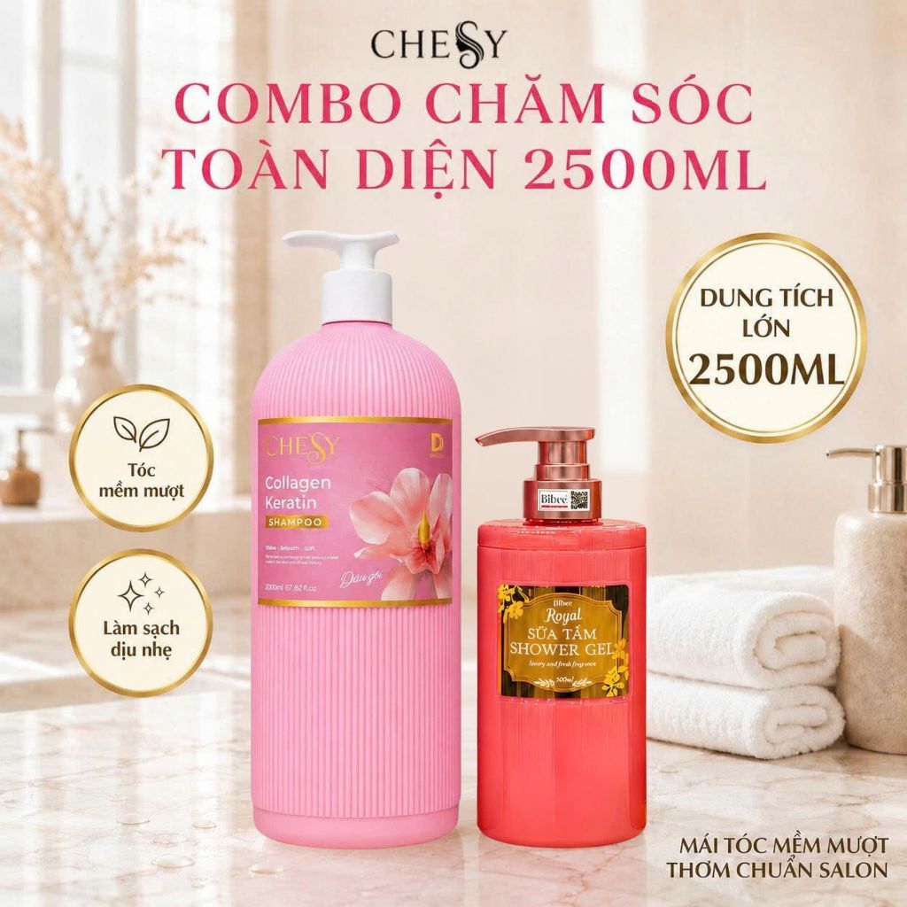 Combo Dầu Gội CheSy 2000ml Và Sữa Tắm Bibee Royal 500ml Chăm Sóc Tóc Và Cơ Thể