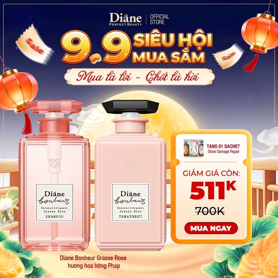 Bộ dầu gội xả phục hồi hư tổn dưỡng tóc bồng mượt Diane Bonheur Grasse Rose hương hoa hồng Pháp