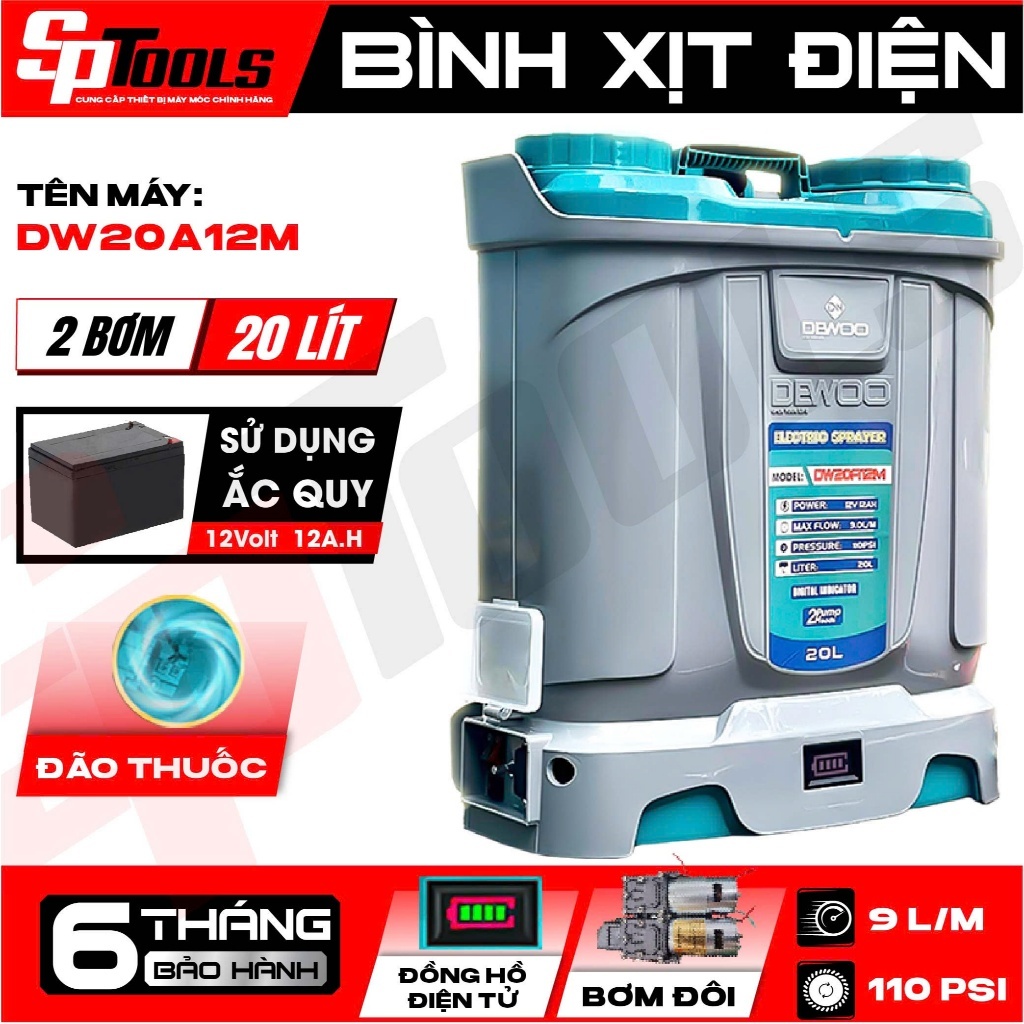 BÌNH XỊT ĐIỆN, PHUN THUỐC DEWOO HÀN QUỐC DW20A12M 20L - ĐẢO THUỐC - 2 BƠM - SIÊU TRÂU PHUN CỰC MẠNH