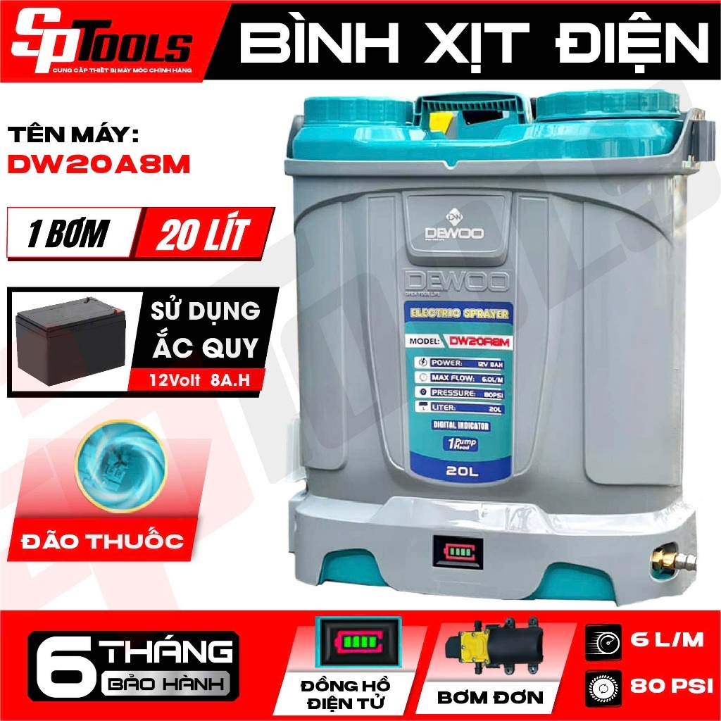 BÌNH XỊT ĐIỆN, PHUN THUỐC 20L DEWOO HÀN QUỐC DW20A8M – 1 BƠM CÓ ĐẢO THUỐC - ÁP PHUN SIÊU KHỎE