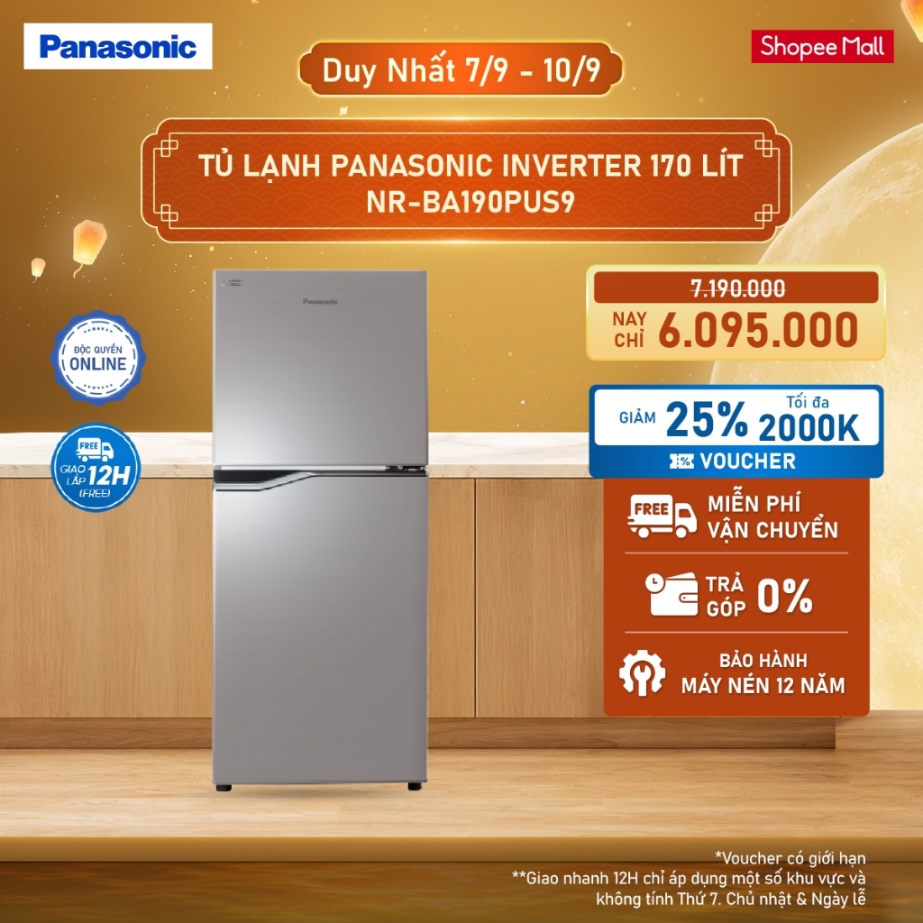 [CHỈ GIAO MIỀN BẮC] Tủ lạnh Panasonic Inverter 170L NR-BA190PUS9 Tiết kiệm điện Ngăn đá trên
