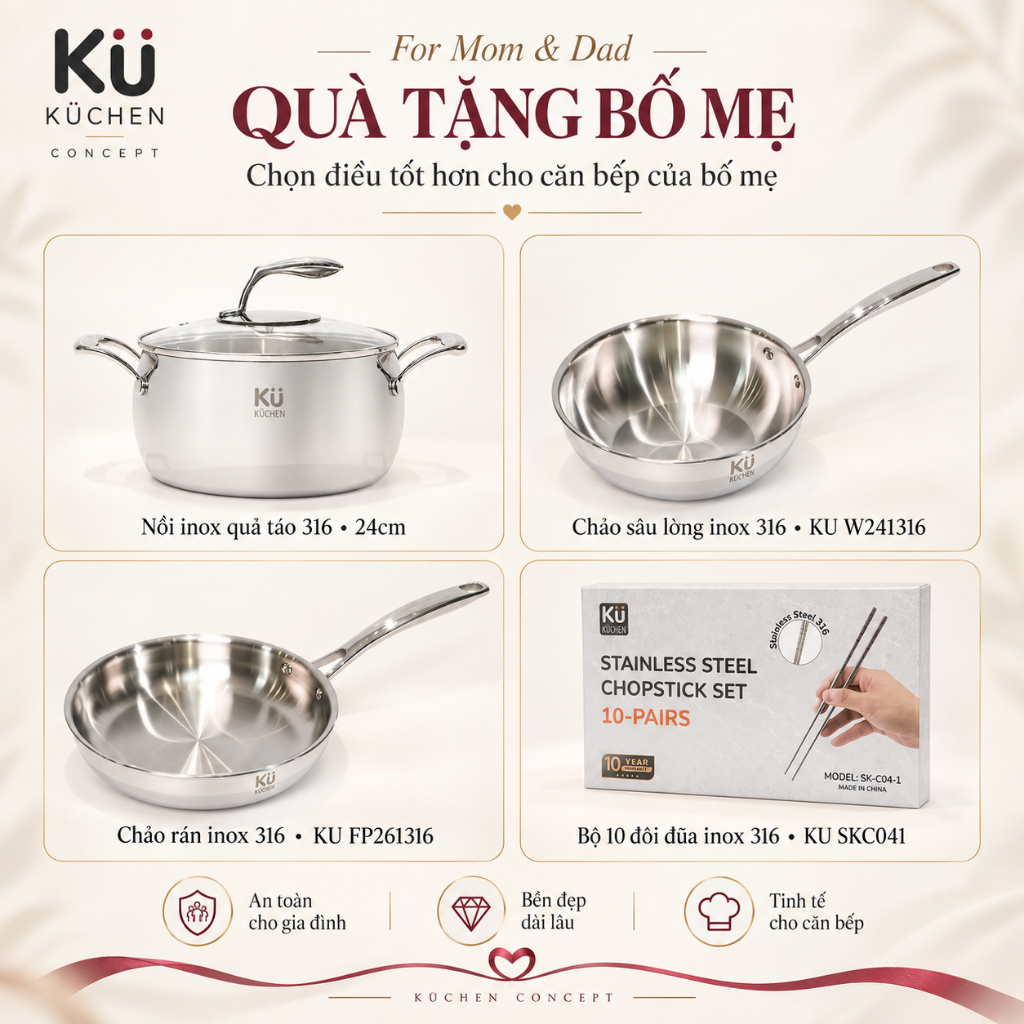 Combo Quà Tặng Bố Mẹ KUCHEN For Mom & Dad | Nồi Inox 316 + 2 Chảo Inox 316 + Bộ Đũa Inox 316 | Kuche