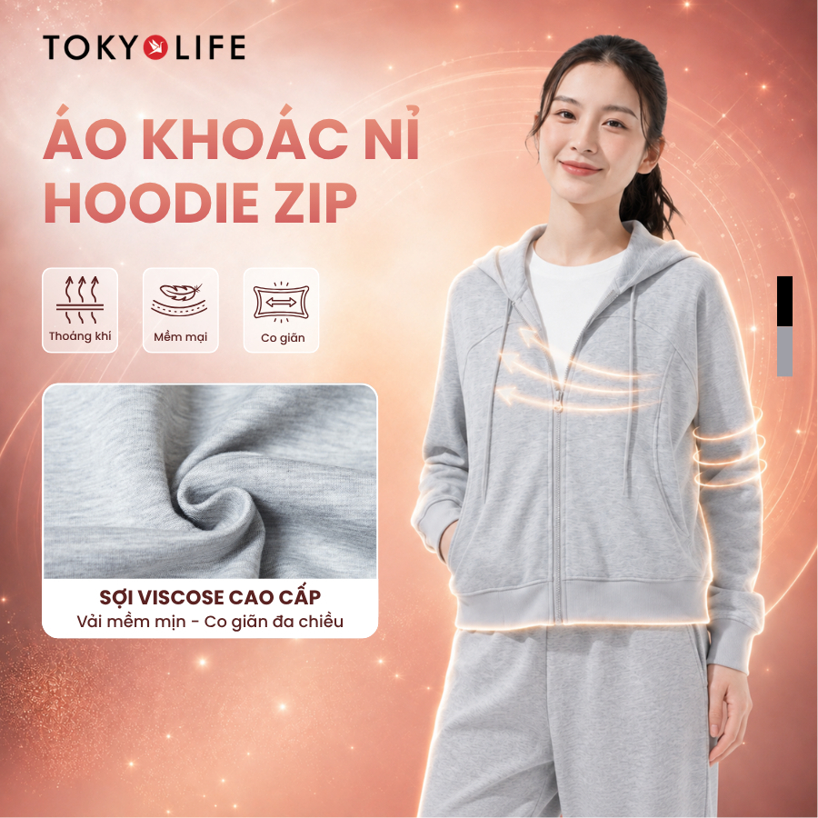 Áo Khoác Nỉ Hoodie Zip Nữ TOKYOLIFE Form Boxy Vải Cotton Mềm Mại Thoáng Mát 40005492