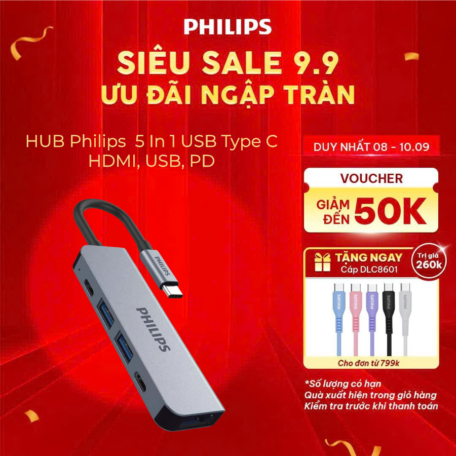 Bộ Hub thiết bị chuyển đổi Philips đa cổng USB Type C (Thunderbolt 3) HDMI - USB-A*2 - USB-C*2 (PD)