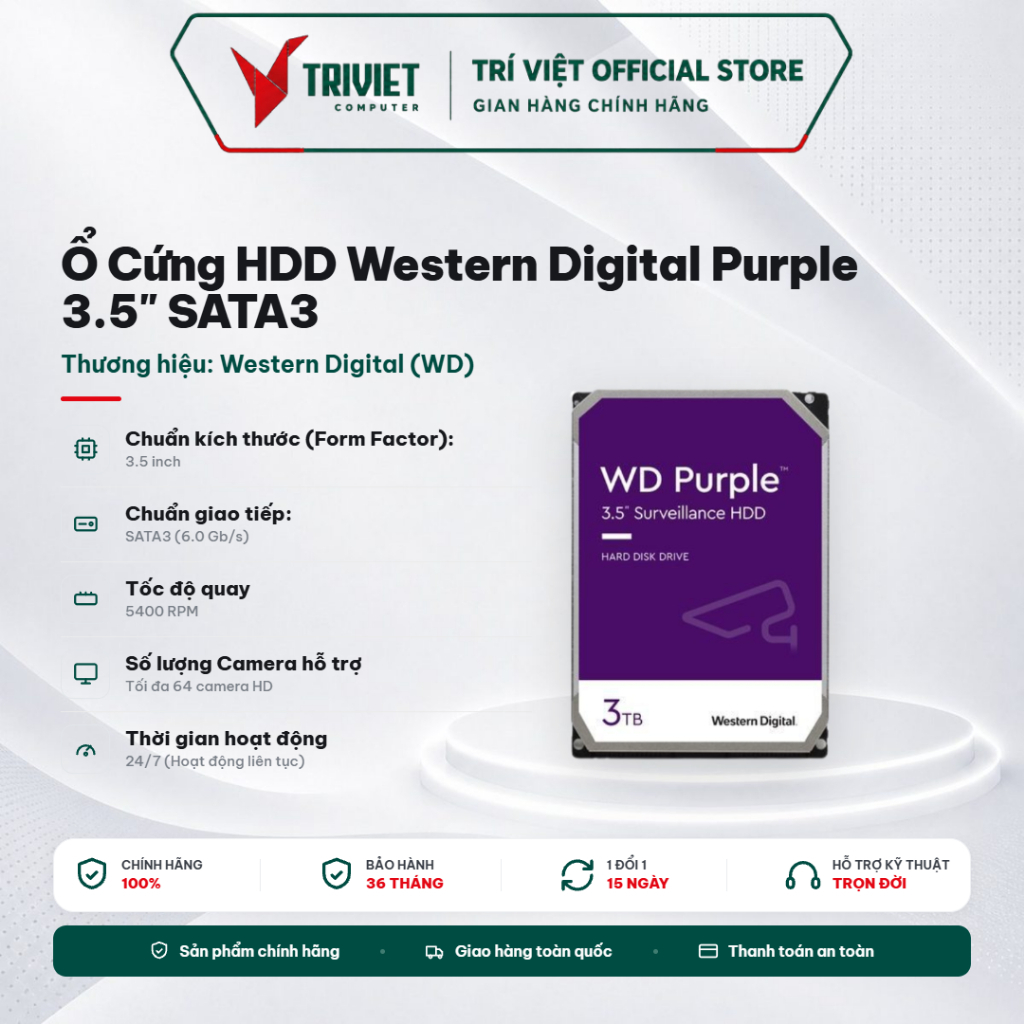 Ổ Cứng Gắn Trong HDD WD Purple (1TB/2TB/3TB) 3.5 Inch SATA III Ổ Cứng Camera Giám Sát 24/7 (WD11PURZ