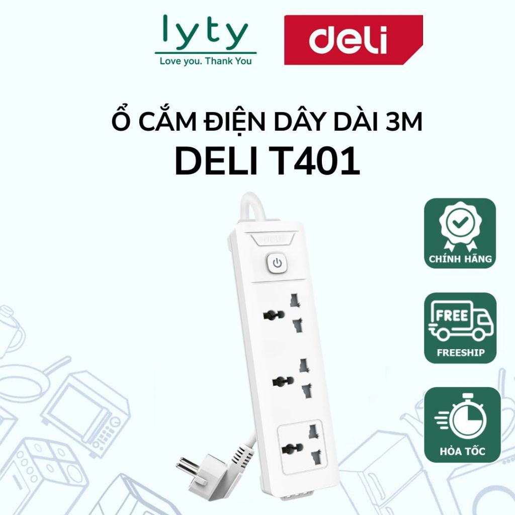 Ổ Cắm Điện Đa Năng Deli T401 / ET401 Màu Trắng (Dây Dài 3m) - Chịu Tải 2500W, Chống Cháy 750°C