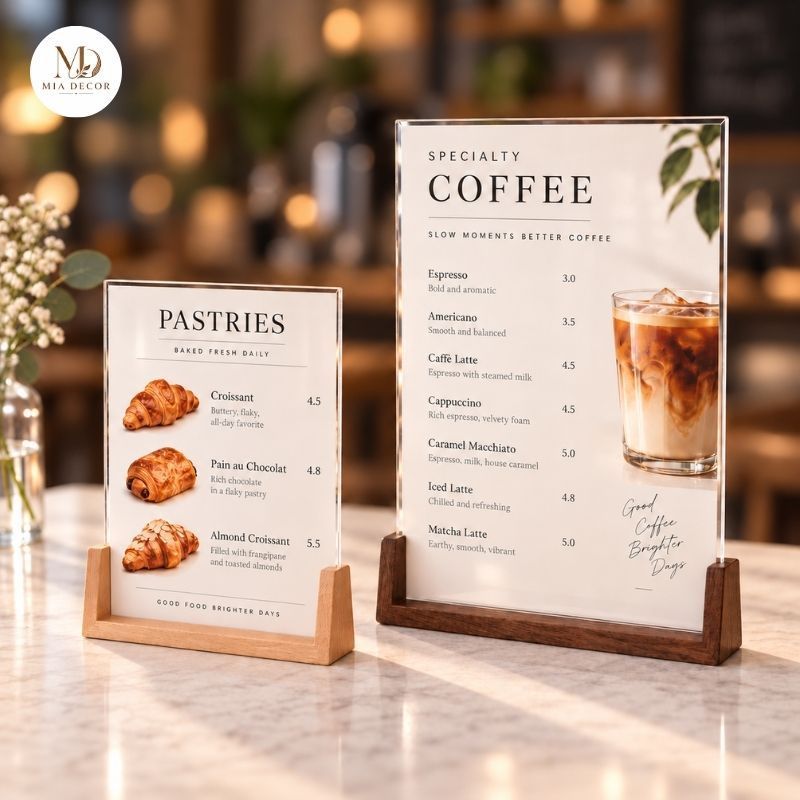 Kệ Menu Gỗ Cao Cấp | Menu Mica Đế Gỗ | Menu Để Bàn Quán Cafe, Nhà Hàng,Homestay A6 A5 A4