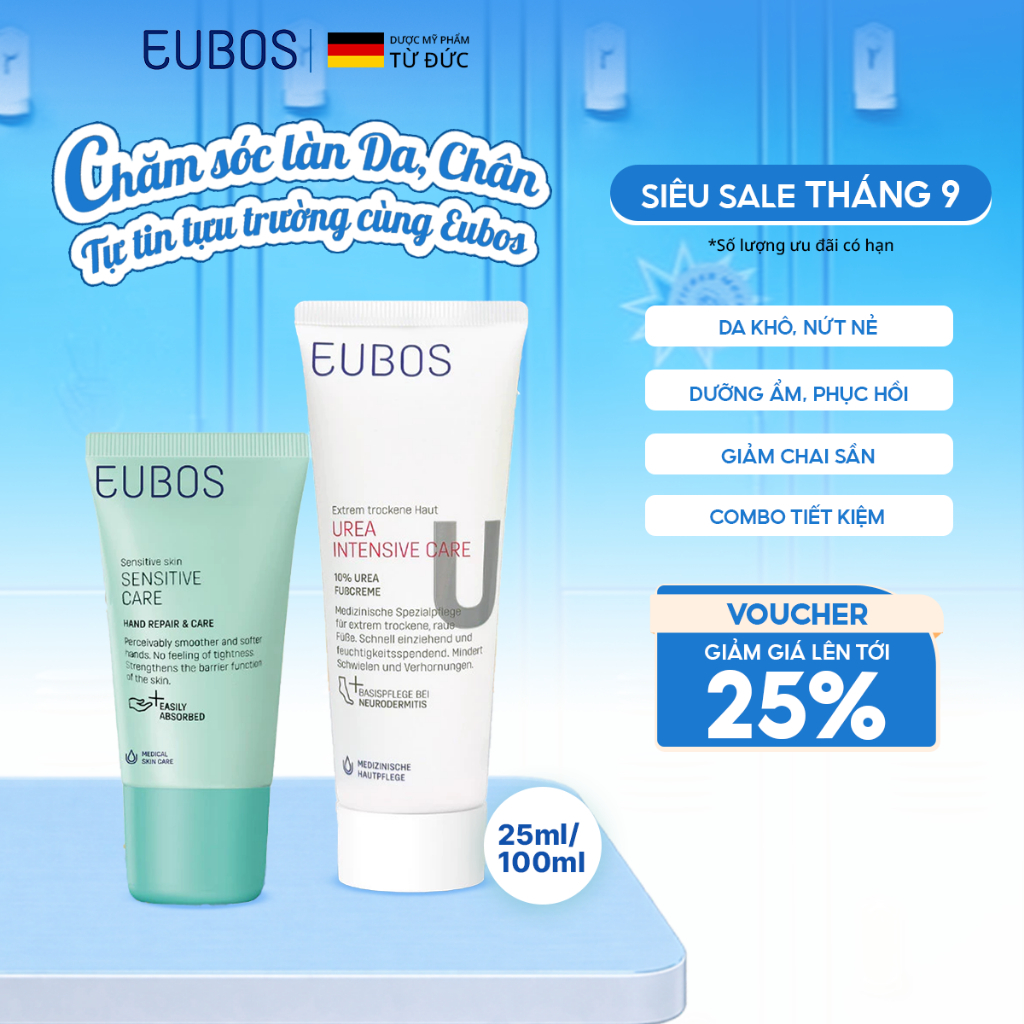 [EUBOS CHÍNH HÃNG] Combo Kem Dưỡng Ẩm Da Tay & Móng 25ml và Kem Dưỡng Da Chân, Giảm Nứt Gót 100ml