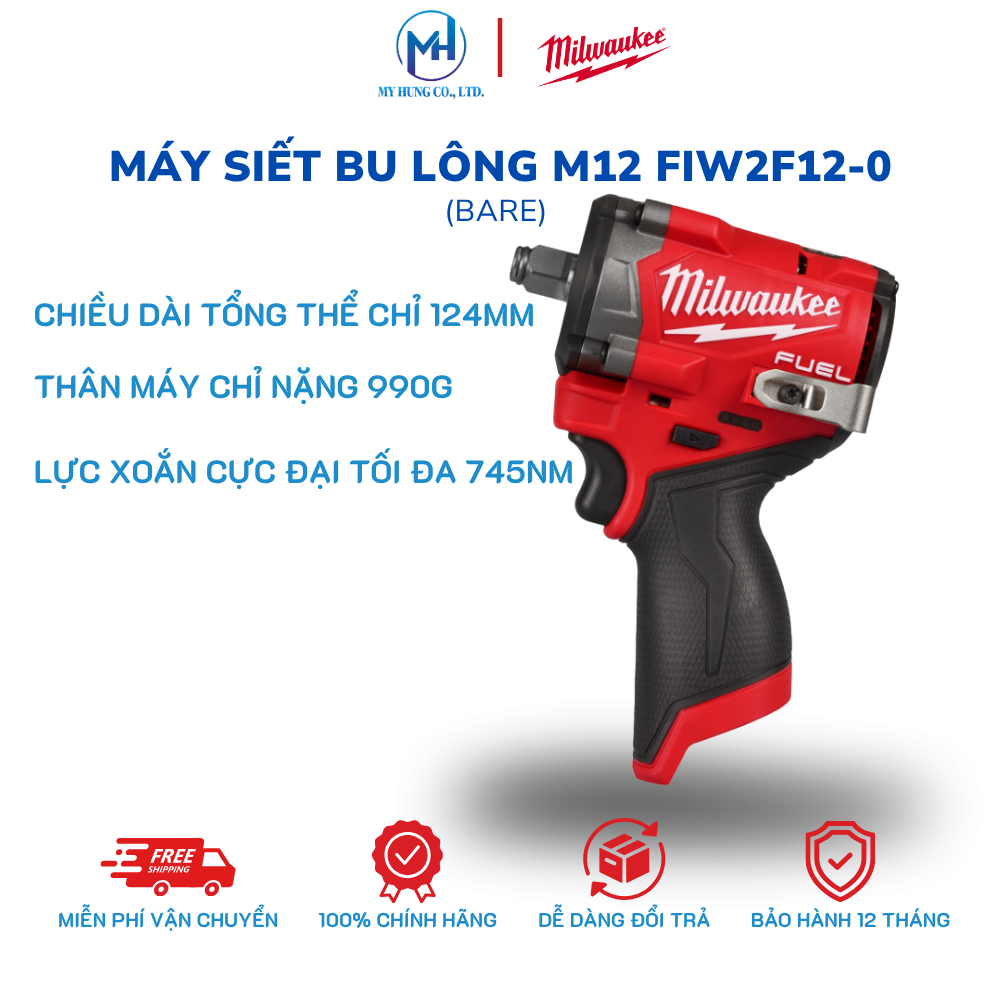 Máy Siết Bu Lông Milwaukee M12 FIW2F12-0 – 12V, Đầu Vuông 1/2", Không Kèm Pin Sạc