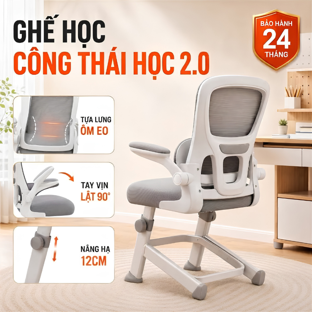 Ghế Chân Quỳ Công Thái Học Cho Học Sinh Và Văn Phòng, Nâng Hạ 12cm, Tựa Lưng 3D, Vải Lưới Thoáng Khí