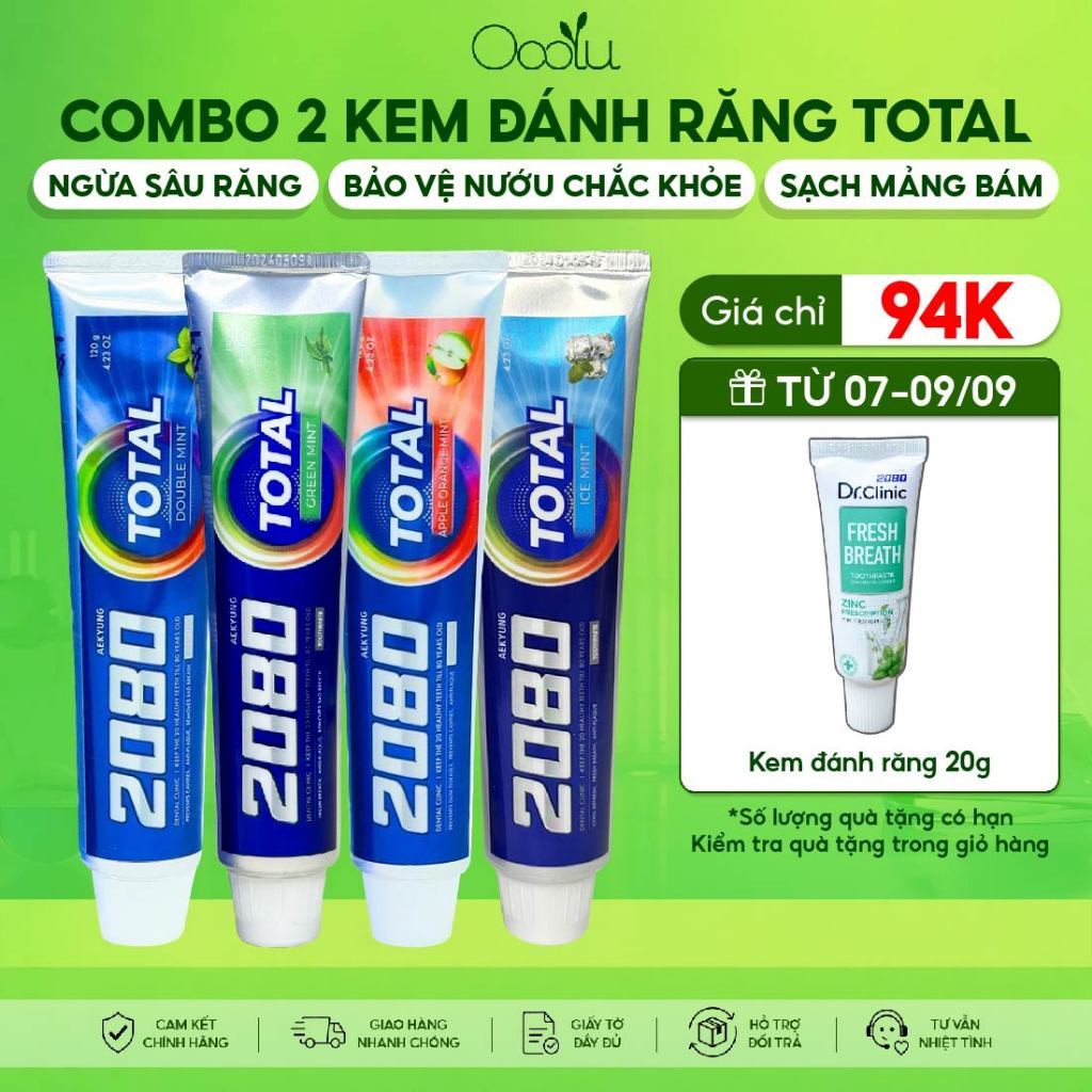 Combo 2 tuýp kem đánh răng 2080 Dental Clinic Total Hàn Quốc chăm sóc nướu, làm trắng, ngừa sâu răng