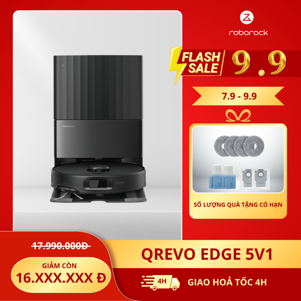 Robot Hút Bụi Lau Nhà Roborock Qrevo Edge 5V1 - Trắng Đen, Kích Thước 352x347x97.9mm, Dung Lượng 0.325L