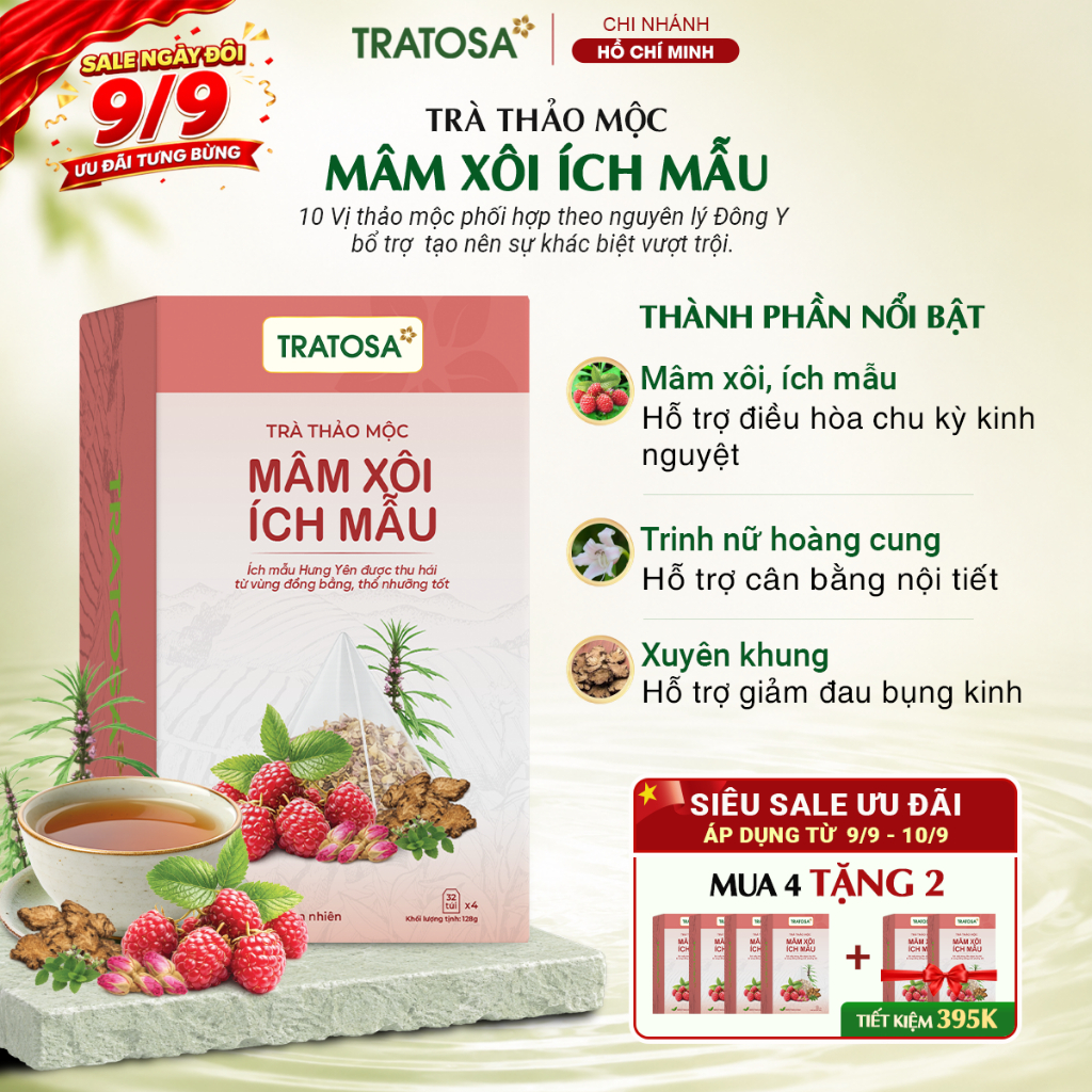 Trà mâm xôi ích mẫu TRATOSA 10 vị thảo mộc tốt cho điều hòa kinh nguyệt, bổ khí huyết, IVF, UIU an t