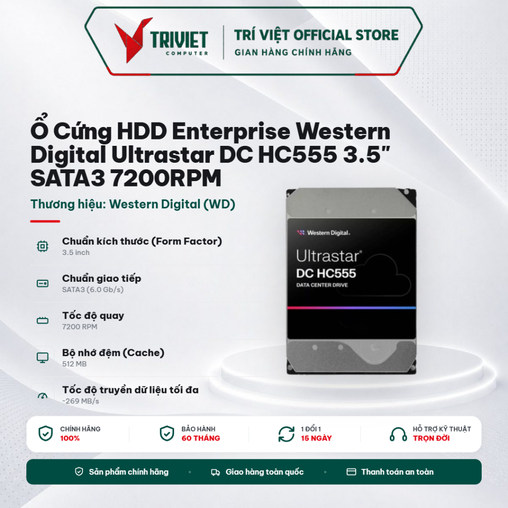 Ổ Cứng Gắn Trong HDD WD Ultrastar HC555 (16TB/18TB) 3.5" SATA 7200RPM 512MB Cache Enterprise Server 