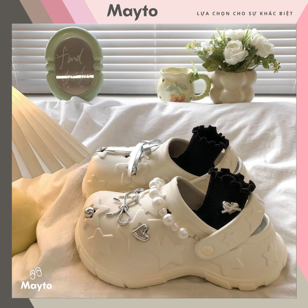 Dép nữ, dép sục Mayto đế cao 6cm đúc nổi ngôi sao kèm sticker dây ngọc dễ thương có quai hậu CS-311