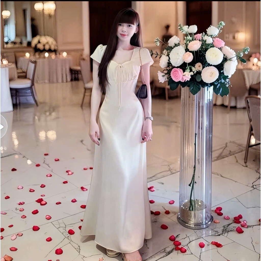 Váy Lụa Dáng Dài Cổ Vuông Thắt Nơ Xinh - Đầm Lụa Dự Tiệc Tay Ngắn Tôn Dáng Sang Trọng