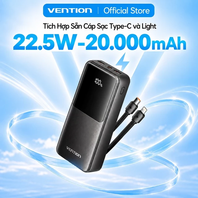 Pin Sạc Dự Phòng 22.5W 20000mAh Vention,Tích Hợp Cáp Type-C Và Light, Sạc Nhanh PD/QC, Màn Hình LED