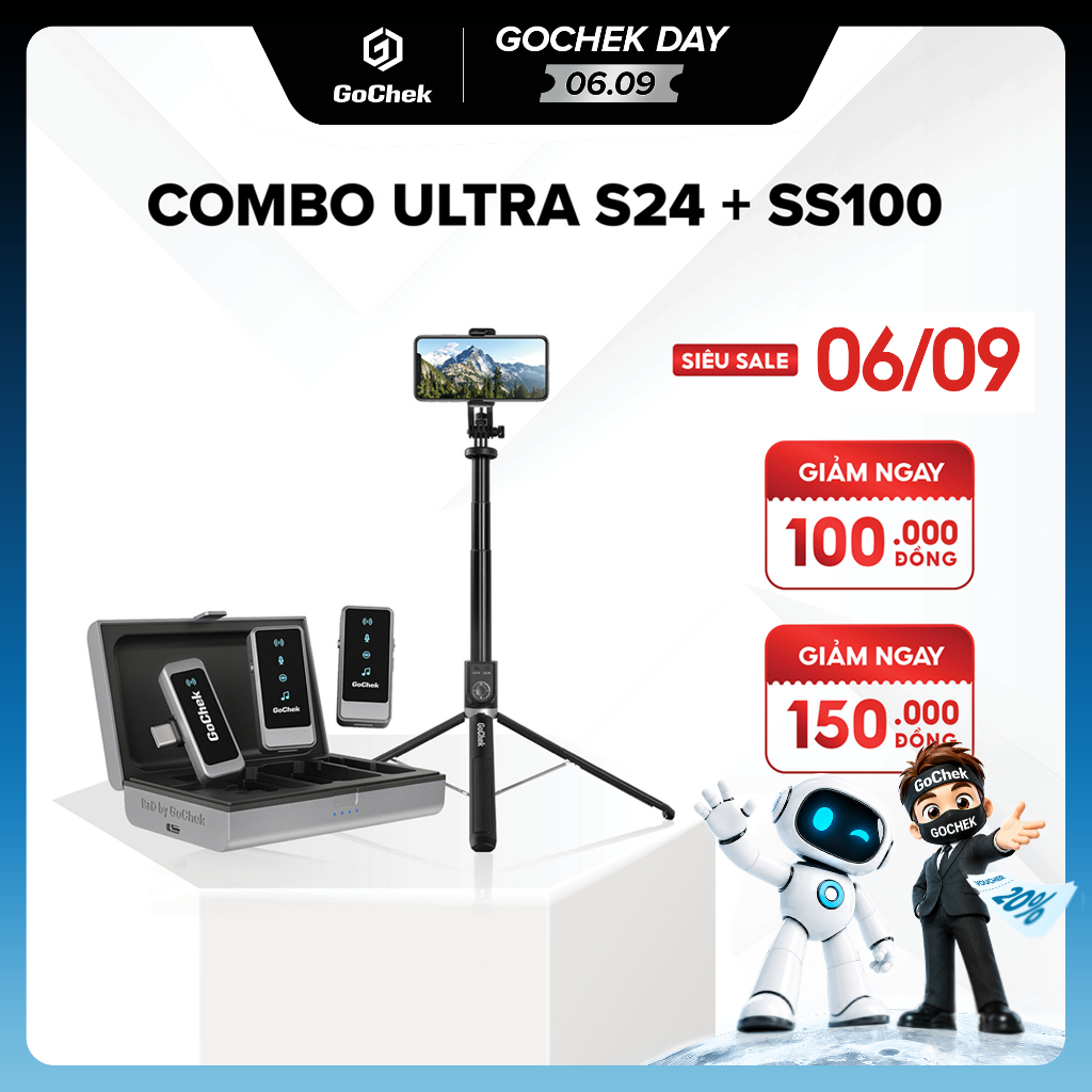 Combo Mic Không Dây GoChek Ultra S24 & Gậy Tripod SS100 – Livestream, Chụp Ảnh/Quay Video, Thu Âm