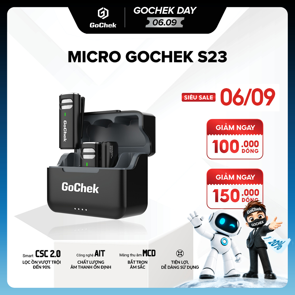 Micro Thu Âm Không Dây GoChek S23 – Kèm Dock Sạc, Lọc Tạp Âm, Dùng Cho Điện Thoại/Máy Tính