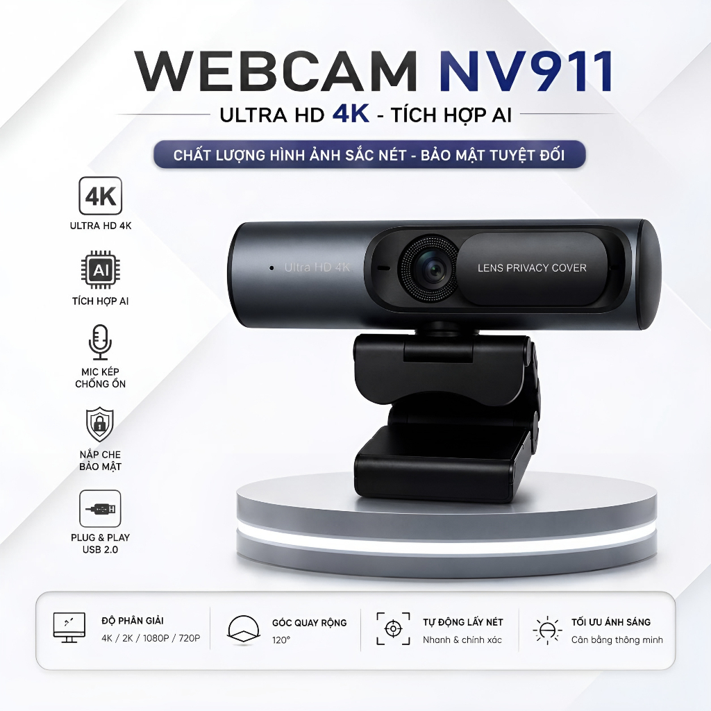 Webcam NV911 Ultra HD 4K Webcam Máy Tính Có Nắp Che Bảo Mật Mic Kép Chống Ồn USB Type-C Livestream H