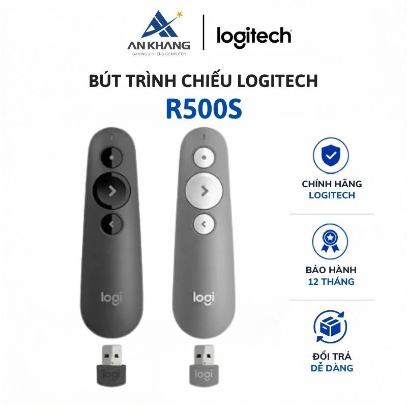 Bút Trình Chiếu Logitech R500s | Bluetooth & 2.4GHz | Laser Đỏ | Phạm Vi 20m | Đen Xám Chính Hãng