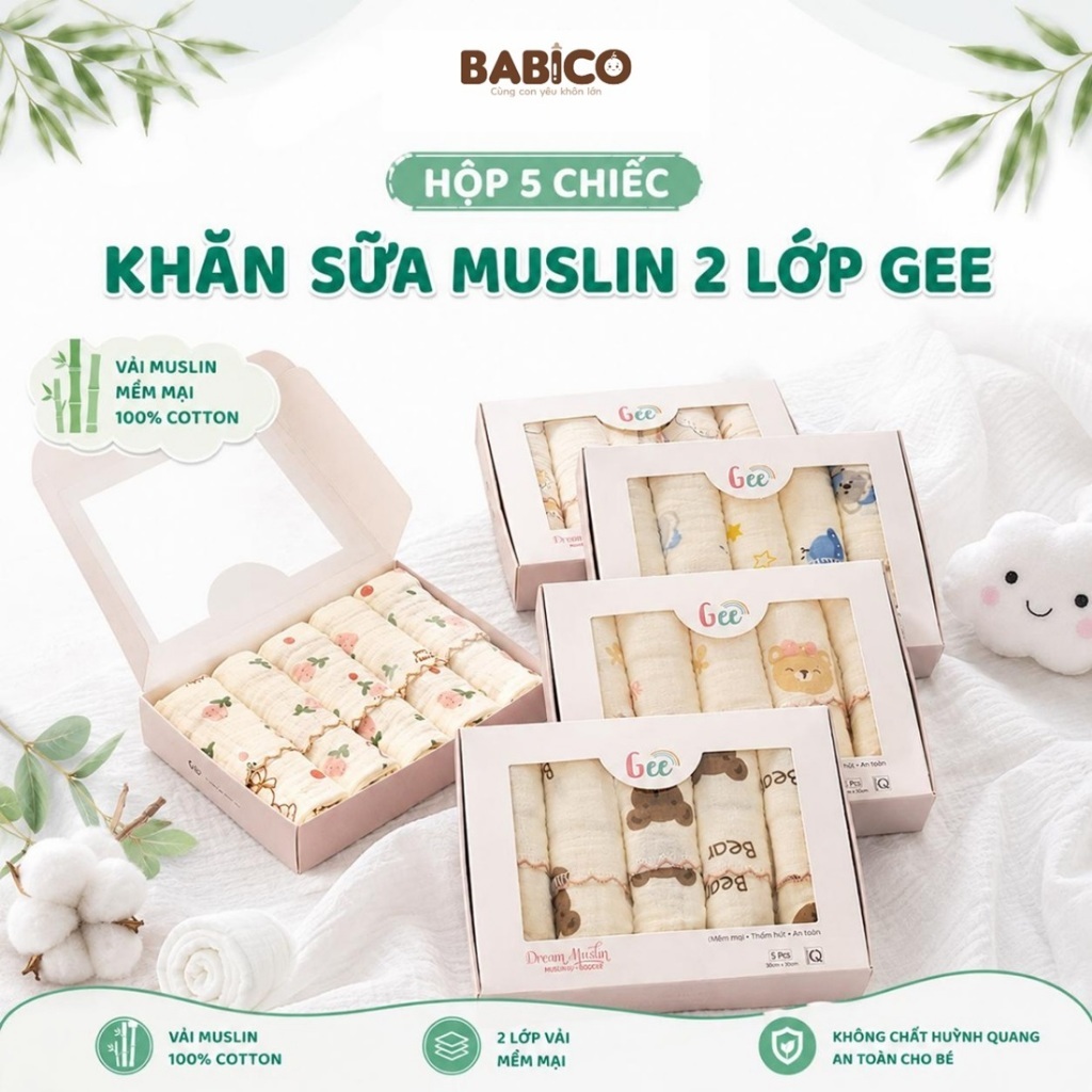 Khăn sữa Muslin GEE- Hộp 5 khăn xô sữa muslin 2 lớp cao cấp mềm mịn cho làn da bé