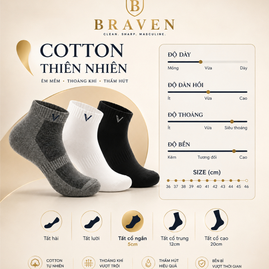 Tất Vớ Nam BRAVEN Cotton Spandex Cao Cấp | Kháng Khuẩn Khử Mùi | Co Giãn Êm Ái