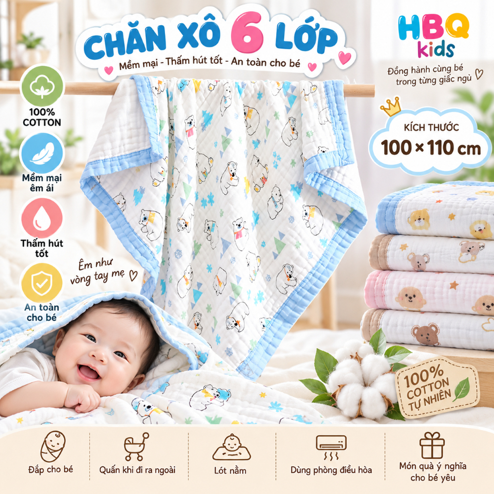 Chăn Xô Viền 6 Lớp Cho Bé HBQ kids 100%Cotton 100x110cm - Mềm Mại ,Thấm Hút Tốt HB05