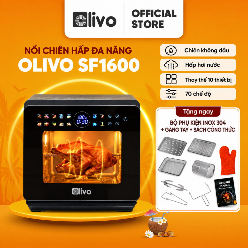 Nồi Chiên Hơi Nước OLIVO SF1600 Inox 304 Cao Cấp, 70 Chế Độ Cài Sẵn, Màn Cảm Ứng OLED Tiếng Việt