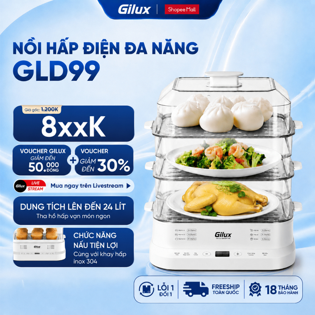 Nồi hấp Gilux 24L đa năng - Khay inox - phiên bản mới 2026 - có 3 tầng tiện…