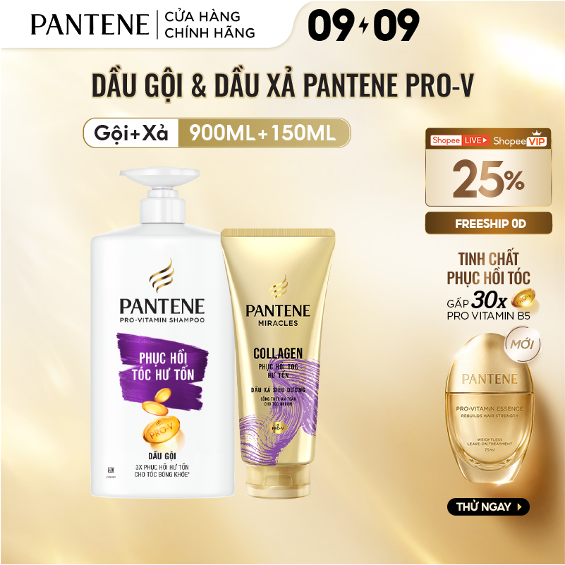 Combo Dầu Gội PANTENE Pro-V & Dầu Xả Siêu Dưỡng NgănRụngTóc/ PhụcHồiHưTổn/SuônMượtÓngẢ -Chai 900ML&1