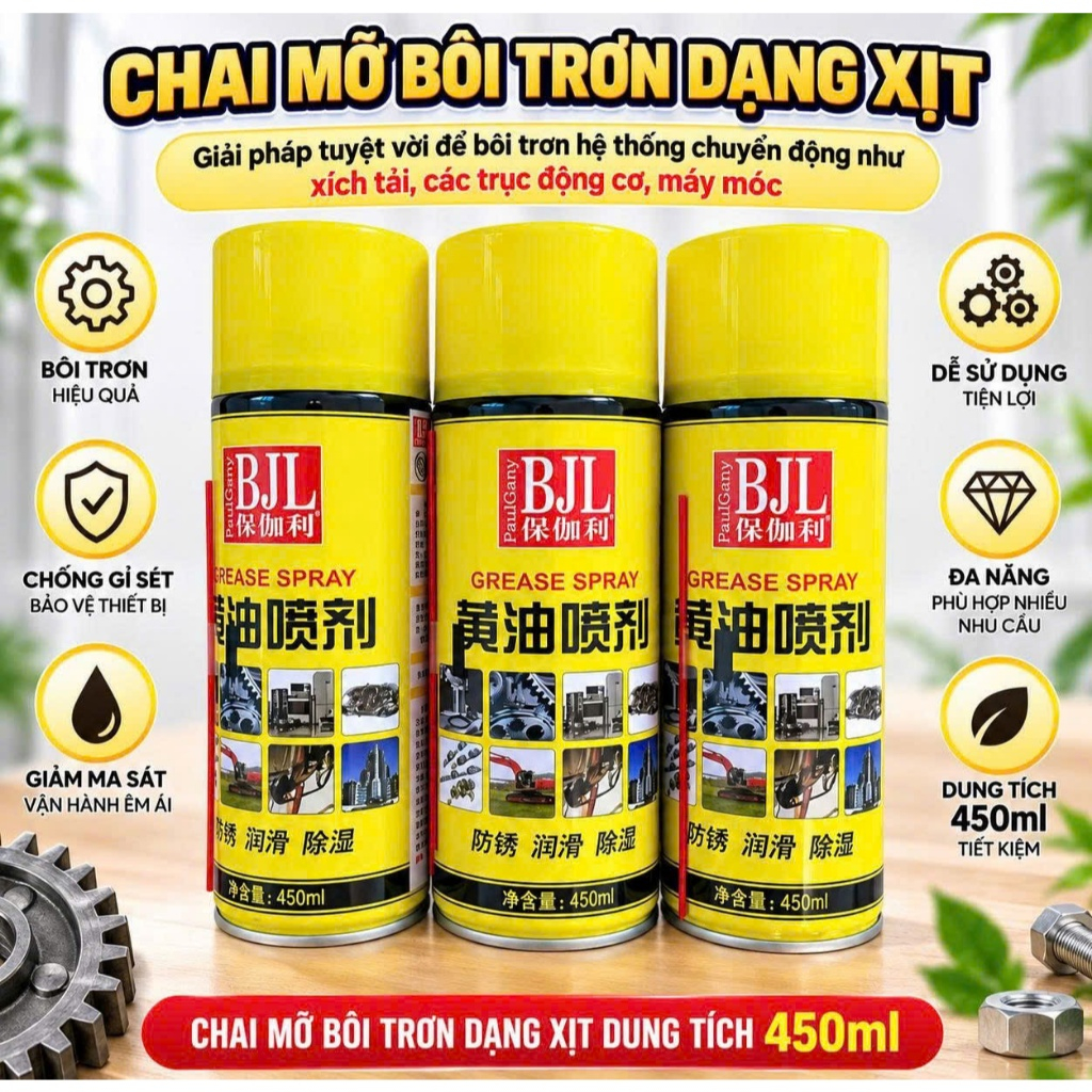Bình Xịt Dầu Mỡ Bôi Trơn BJL 450ml – Mỡ Bò Dạng Xịt Cho Bánh Răng, Xích, Bản Lề, Máy Móc