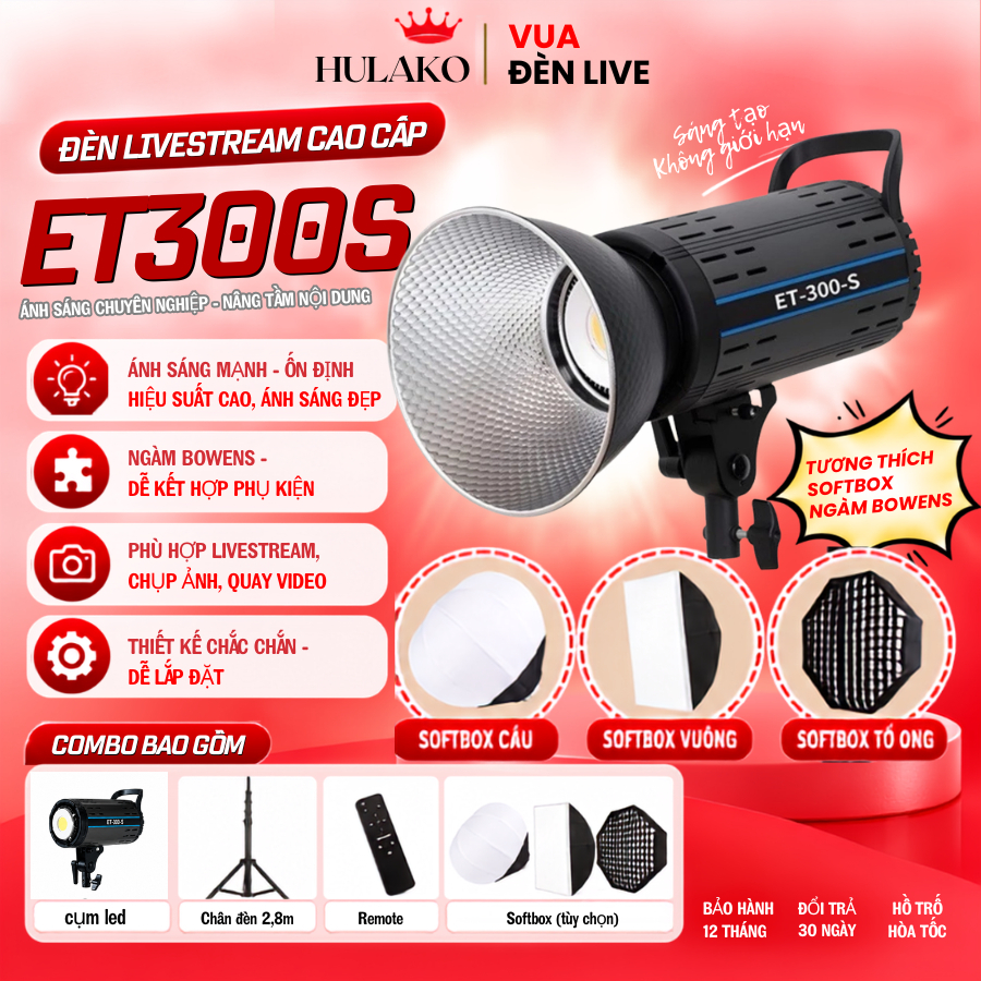 Đèn livestream cao cấp ET300S V2 2026 HULAKO Chân 2M8 Trợ Sáng Livetream, Chụp Ảnh Studio-Phân Phối 