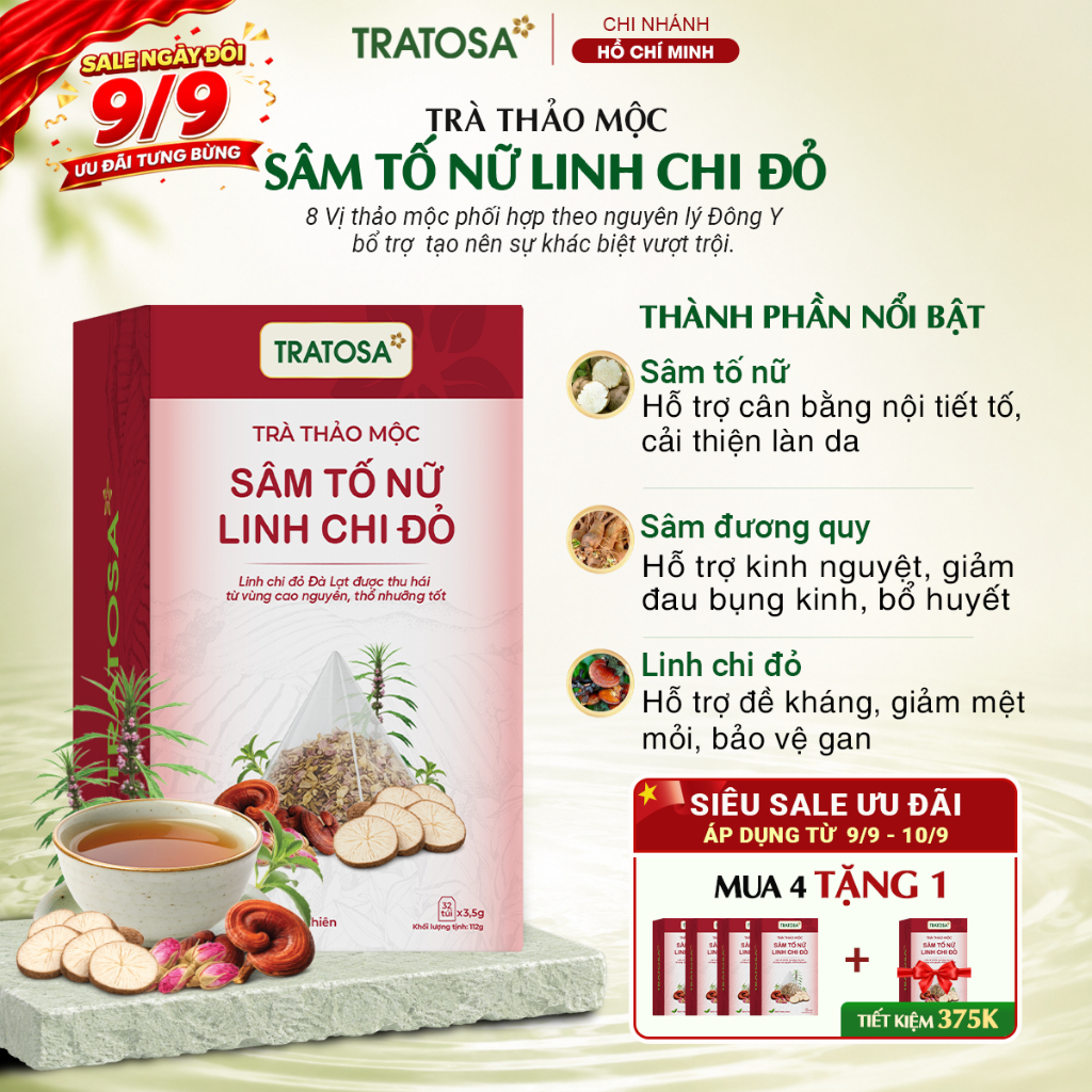 Trà sâm tố nữ linh chi đỏ TRATOSA trà thảo mộc hỗ trợ giảm đau bụng kinh, cân bằng nội tiết, cải thi