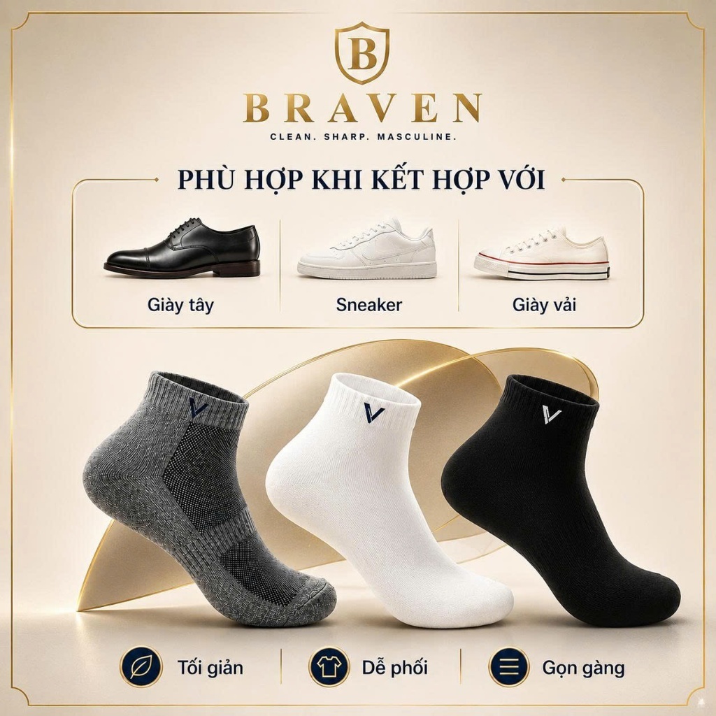 Tất Vớ Nam BRAVEN Cotton Spandex Cao Cấp | Kháng Khuẩn Khử Mùi | Co Giãn Êm Ái