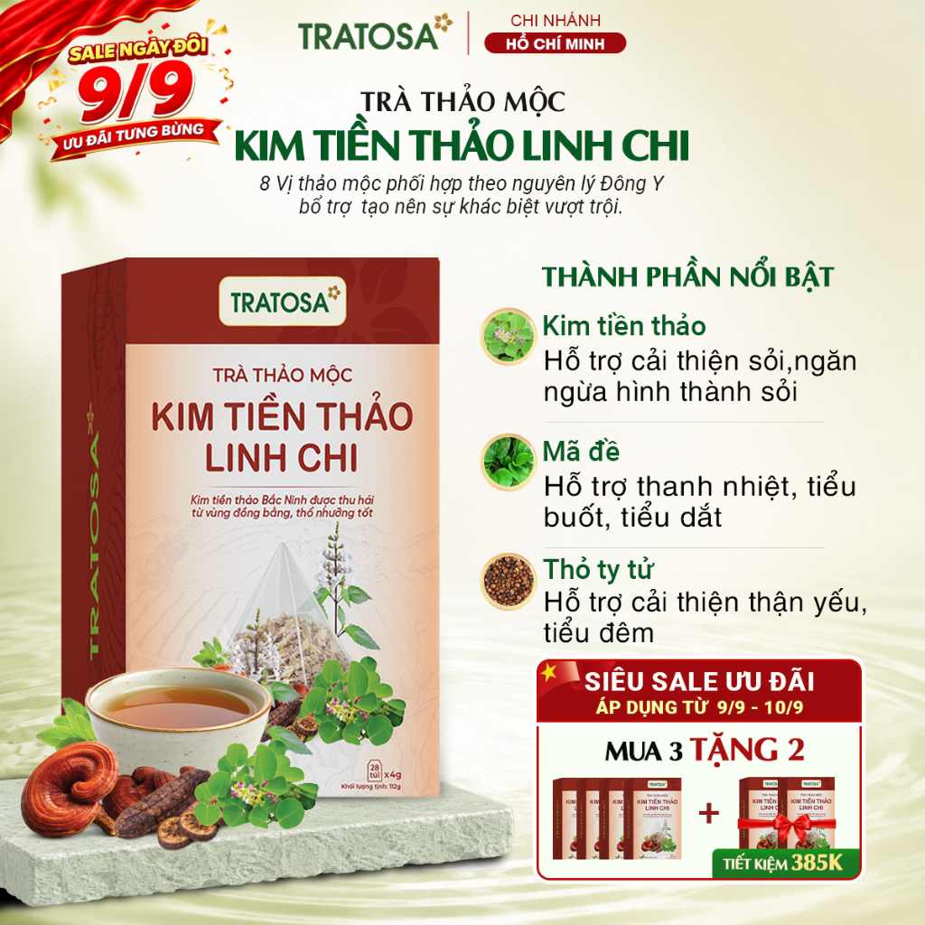 Trà kim tiền thảo linh chi TRATOSA trà thảo mộc tốt cho người thận yếu, tiểu đêm an toàn từ thiên nh
