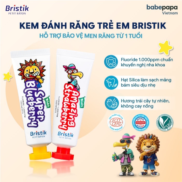 Kem Đánh Răng Cho Bé Bristik Hàn Quốc Ngừa Sâu Răng Cho Trẻ Trên 1 Tuổi 50g