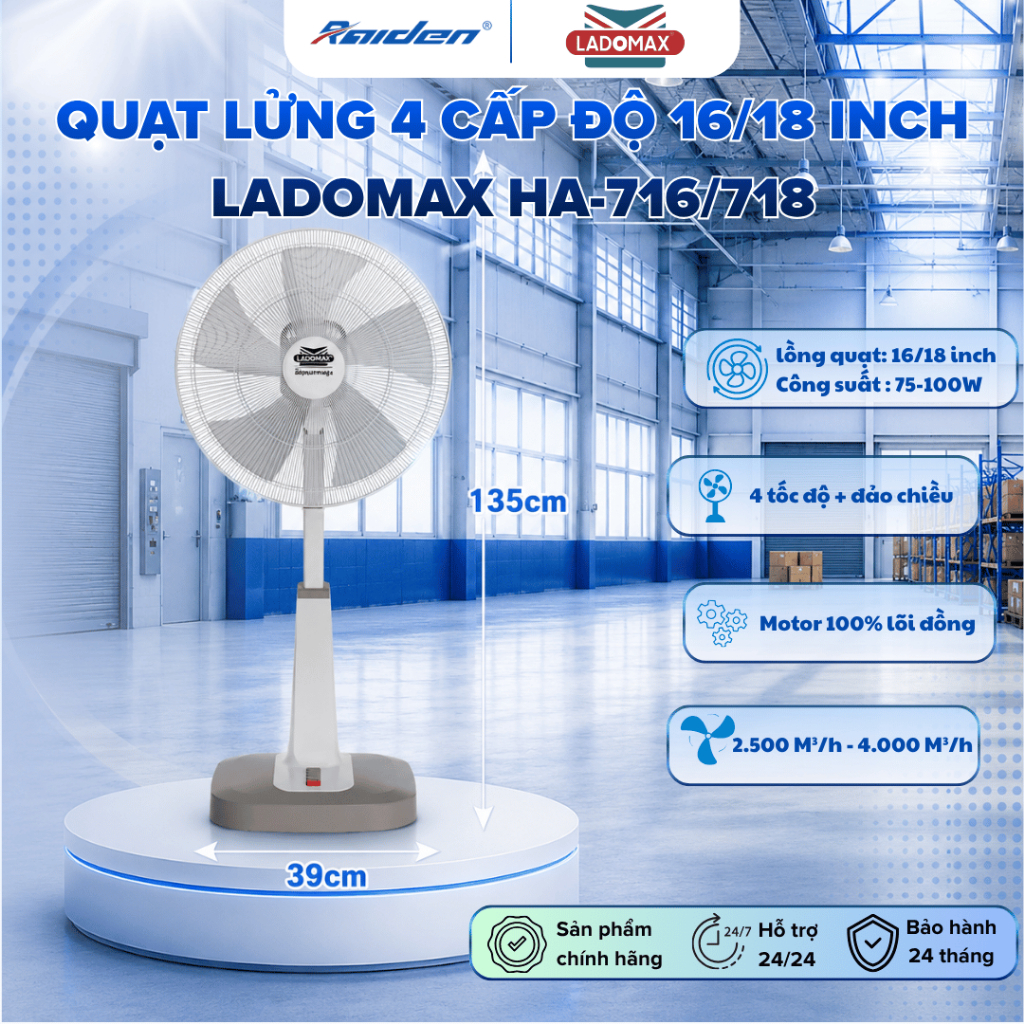 Quạt lửng 4 tốc độ 16/18 inch Ladomax HA-716L HA-718 75W, đảo chiều, sải cánh 40cm, lồng 45cm, motor
