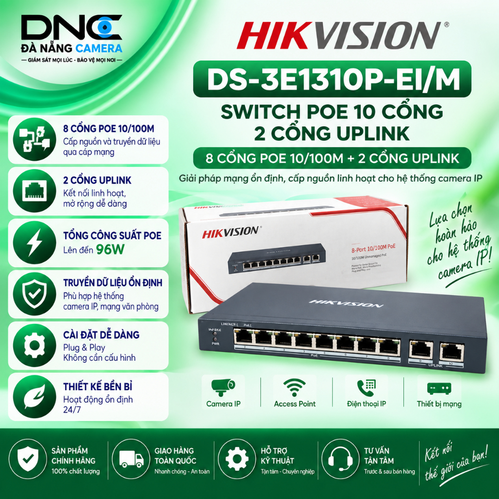 Switch Poe HIKVISION 10 cổng 2 cổng Uplink DS-3E1310P-EI/M 3E0310P-E/M 1310P-EI/M dành cho camera