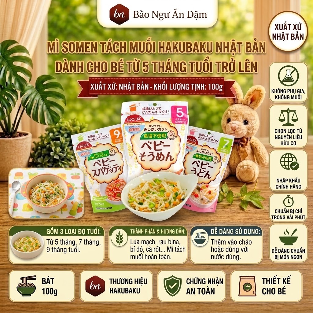 [Mì trẻ em] Mì Somen tách muối Hakubaku / Mỳ Chubi 5 Vị Nhật Cho Bé Ăn Dặm // Nui xoắn rau củ Macaro