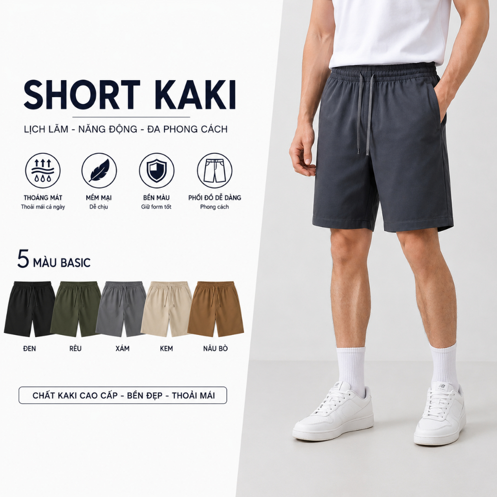Quần Short Kaki Nam POSIZMENN Cạp Chun Khuy Cúc Vải Hàn Mềm Mịn Co Giãn Thoáng Mát Kaki Nam Dáng Vừa
