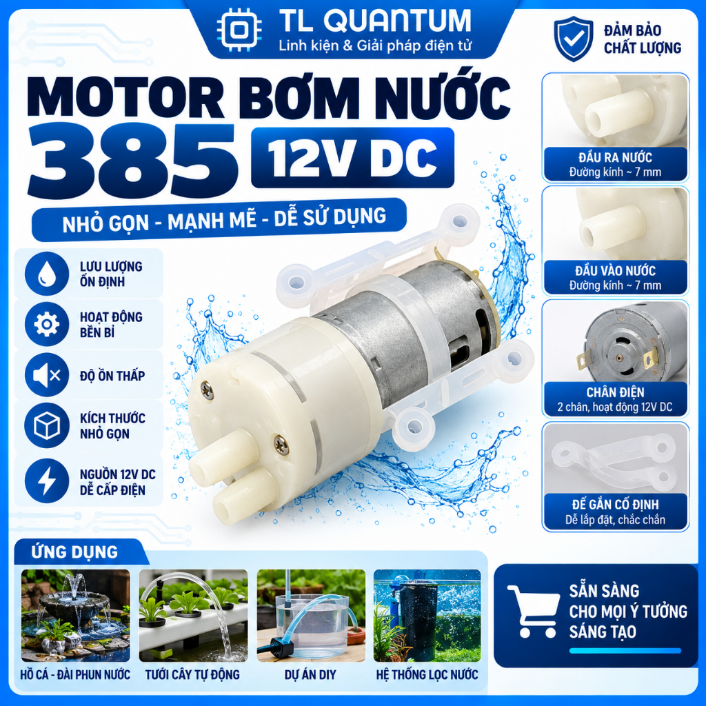 TL Quantum - Motor Bơm Nước 385 12V DC – Máy Bơm Mini 12V, Đầu Nước 7mm