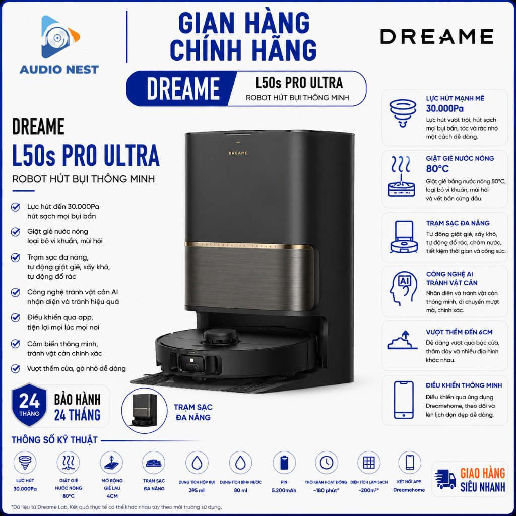 Dreame L50s Pro Ultra Robot hút bụi thông minh | lực hút đến 30.000Pa | giặt giẻ nước nóng | BH 24 t
