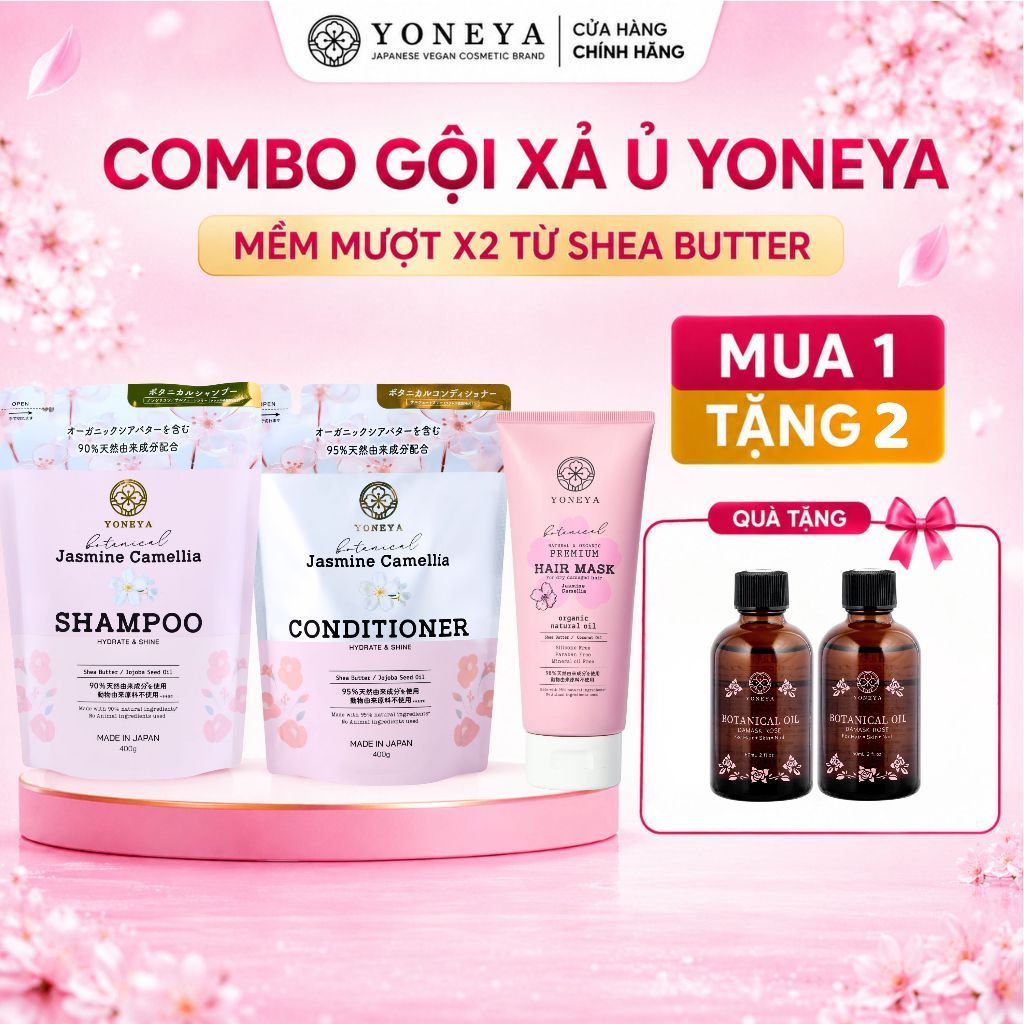 Combo Gội Xả Kem Ủ Yoneya Botanical Jasmine Camellia Hydrate & Shine Phục Hồi Hư Tổn
