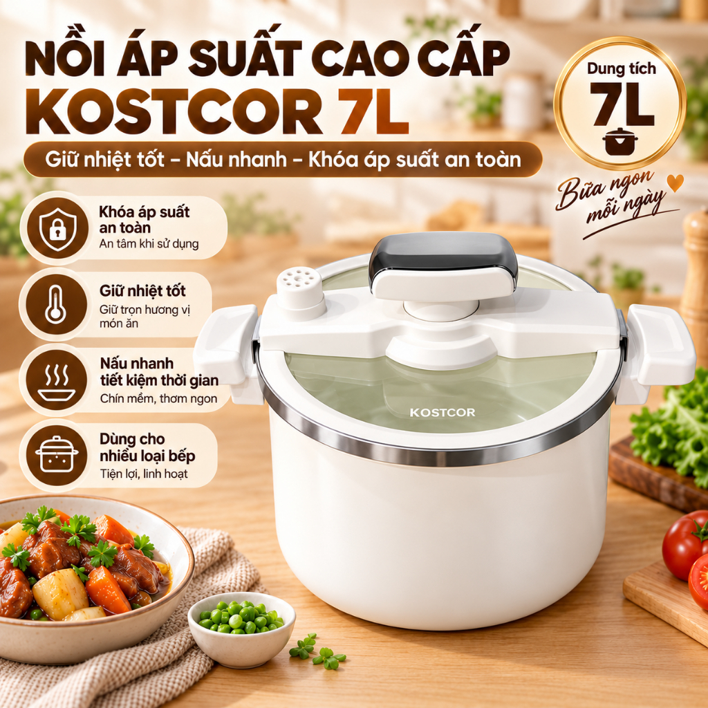 Nồi Vi Áp Suất 7L Kostcor Đa Năng Hầm Xương Thịt, Nấu Nhanh Mềm, Giữ Nhiệt, Dùng Cho Mọi Loại Bếp
