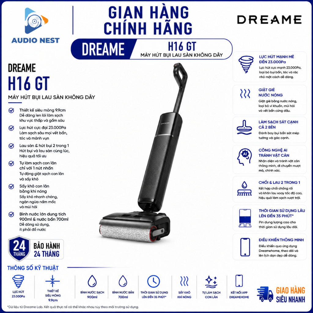 Dreame H16 GT Máy hút bụi lau sàn không dây | thiết kế siêu mỏng 9.9cm | lực hút cực đại 23.000Pa | 